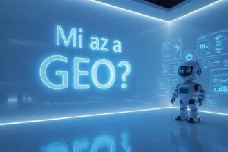 Egy futurisztikus robot áll egy világító fal előtt, amelyen a 'Mi az a GEO?' felirat látható, adatvizualizációkkal körülvéve.