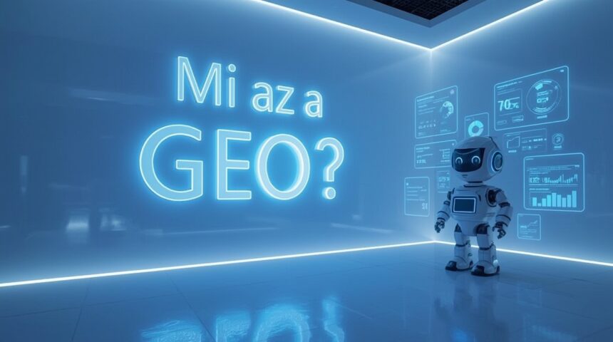 Egy futurisztikus robot áll egy világító fal előtt, amelyen a 'Mi az a GEO?' felirat látható, adatvizualizációkkal körülvéve.