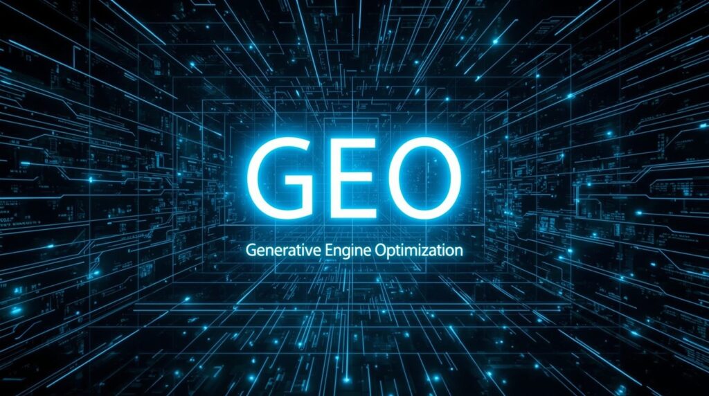 A GEO (Generative Engine Optimization) felirata futurisztikus háttér előtt, amely a digitális technológia világát idézi.