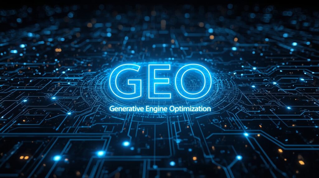 A GEO (Generative Engine Optimization) kifejezés fényes, futurisztikus háttér előtt jelenik meg, amely a digitális technológia világát idézi.