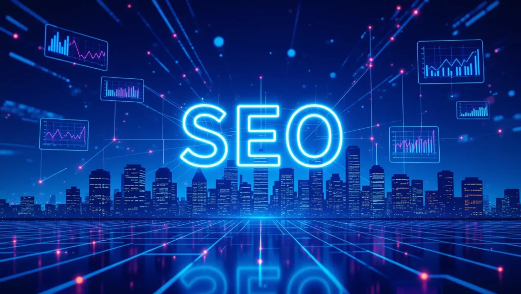 Egy városi táj, ahol a háttérben a 'SEO' felirat világít, adatgrafikonokkal körülvéve.