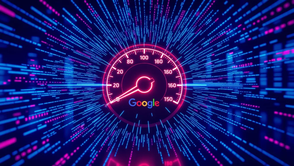 Egy színes, futurisztikus sebességmérő, amely a Google logóját tartalmazza, digitális adatfolyammal körülvéve.