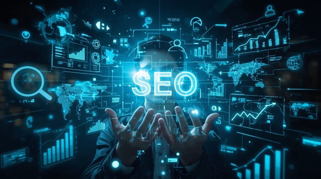 Egy üzletember kezében a SEO szöveg látható, háttérben digitális grafikonokkal és statisztikákkal.