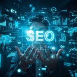 Egy üzletember kezében a SEO szöveg látható, háttérben digitális grafikonokkal és statisztikákkal.