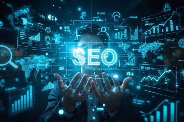 Egy üzletember kezében a SEO szöveg látható, háttérben digitális grafikonokkal és statisztikákkal.