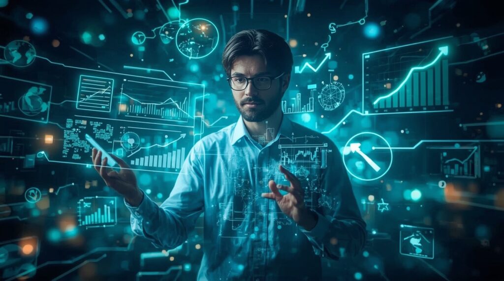 Egy férfi, aki digitális grafikonok és adatok között áll, a keresőoptimalizálás hatékonyságát elemzi.