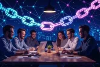 Hat fiatal szakember ül egy asztalnál, laptopokkal dolgozva, a háttérben digitális láncokkal.