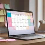 Egy laptop képernyőjén egy tartalomnaptár látható, mellette színes cetlik és írószerek.