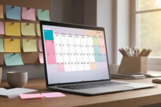 Egy laptop képernyőjén egy tartalomnaptár látható, mellette színes cetlik és írószerek.