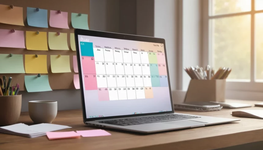 Egy laptop képernyőjén egy tartalomnaptár látható, mellette színes cetlik és írószerek.