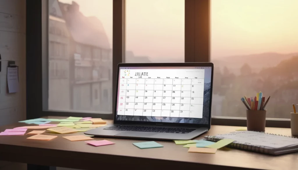 Egy asztalon lévő laptop, amelyen egy naptár látható, körülötte színes cetlik és írószerek, napfény világítja meg a teret.