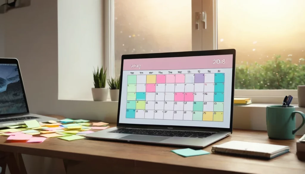 Egy laptop képernyőjén egy színes tartalomnaptár látható, mellette ragasztós cetlik.