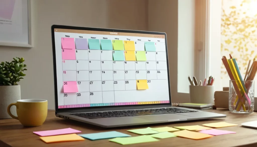 Egy laptop képernyőjén látható egy színes poszt-it naptár, amely tartalomtervezést segít.