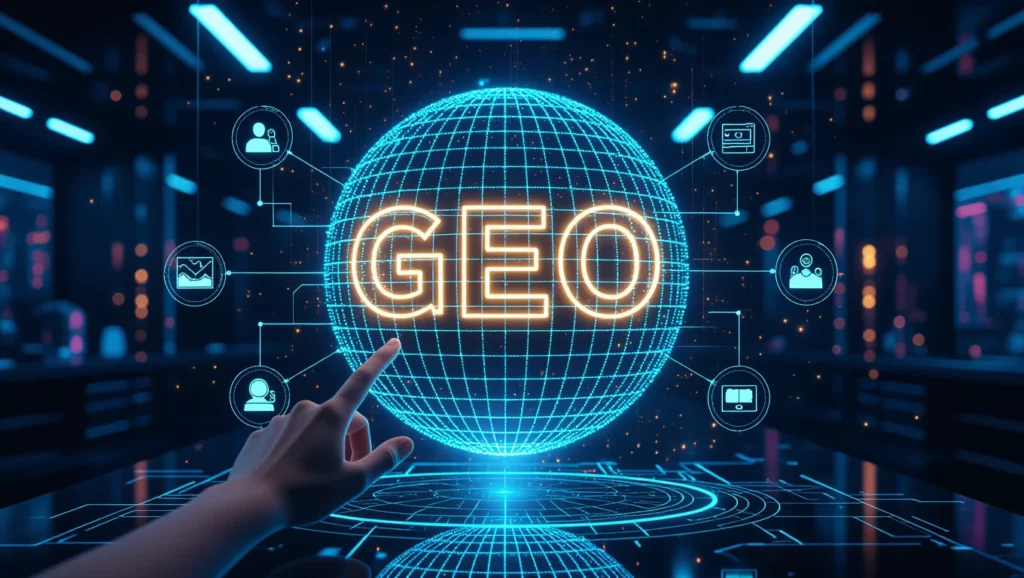 Generative Engine Optimization (GEO): Milyen stratégiákkal érhető el, hogy a LLM-ek jobban preferálják a tartalmat? 73 Egy holografikus földgömb, amelyen a 'GEO' felirat látható, körülötte digitális ikonok.