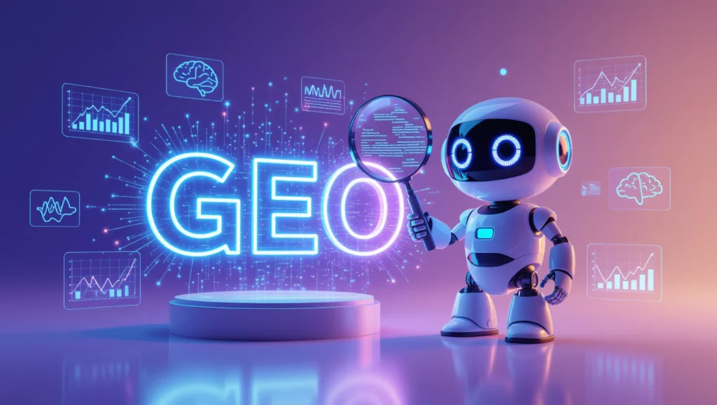 Egy robot magnóképkeresővel áll a GEO felirat előtt, háttérben grafikonokkal.