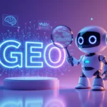 Egy robot magnóképkeresővel áll a GEO felirat előtt, háttérben grafikonokkal.