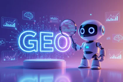 Egy robot magnóképkeresővel áll a GEO felirat előtt, háttérben grafikonokkal.