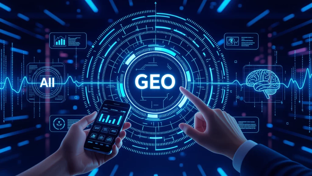 Generative Engine Optimization (GEO): Milyen stratégiákkal érhető el, hogy a LLM-ek jobban preferálják a tartalmat? 74 Két kéz egy okostelefonon grafikonokat mutat, míg egy másik kéz a GEO feliratot érinti, futurisztikus háttér előtt.
