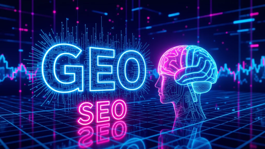 Generative Engine Optimization (GEO): Milyen stratégiákkal érhető el, hogy a LLM-ek jobban preferálják a tartalmat? 72 Digitális ábrázolás, amely a GEO és SEO fogalmát mutatja be, egy agy sziluettjével.