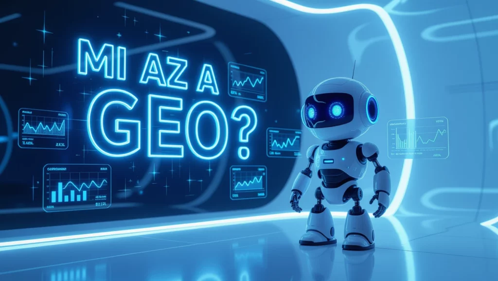 Egy futurisztikus robot áll egy modern, kék fényekkel megvilágított térben, háttérben grafikonokkal.