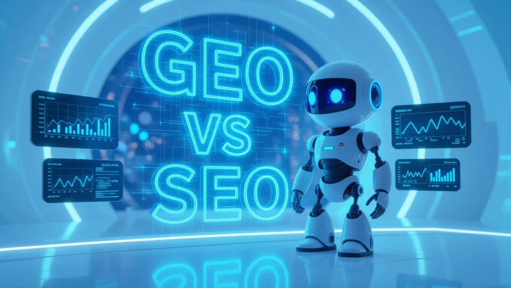 Egy robot áll a GEO és SEO közötti összehasonlítást bemutató grafikonok előtt, futurisztikus háttérrel.