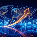 Egy világ térképét ábrázoló grafika, amelyen a SEO és GEO szavak kiemelve, növekvő nyíl mutat a fejlődésre.