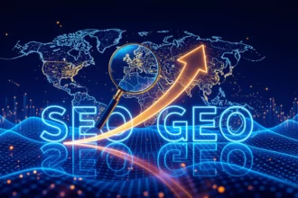 Egy világ térképét ábrázoló grafika, amelyen a SEO és GEO szavak kiemelve, növekvő nyíl mutat a fejlődésre.