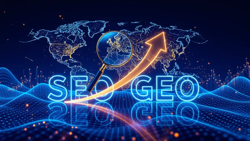 Egy világ térképét ábrázoló grafika, amelyen a SEO és GEO szavak kiemelve, növekvő nyíl mutat a fejlődésre.