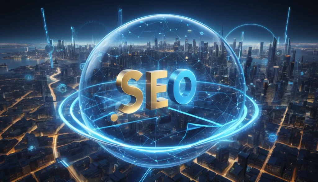 Egy városi táj felett lebegő, futurisztikus SEO felirat, amely a keresőoptimalizálás fontosságát szimbolizálja.