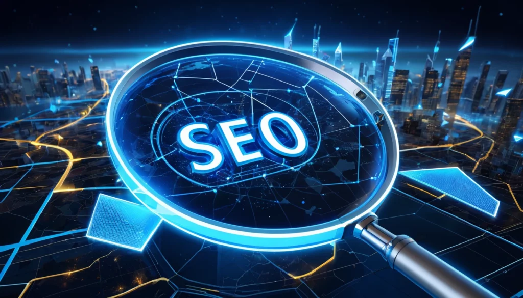 Egy nagyító alatt a SEO felirat látható, háttérben futurisztikus városképpel.