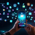 Egy kéz tart egy okostelefont, amelyen különböző alkalmazások ikonja látható, a háttérben digitális elemekkel.
