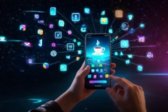 Egy kéz tart egy okostelefont, amelyen különböző alkalmazások ikonja látható, a háttérben digitális elemekkel.