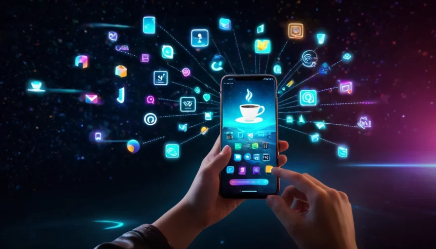 Egy kéz tart egy okostelefont, amelyen különböző alkalmazások ikonja látható, a háttérben digitális elemekkel.