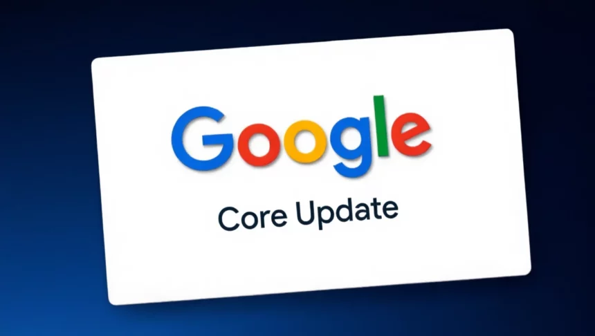A Google logója és a 'Core Update' felirat egy fehér háttéren, amely a 2025-ös algoritmus-frissítést jelzi.
