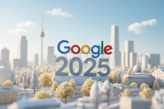 A Google 2025 felirat egy városi táj előtt, hóval borított fákkal.