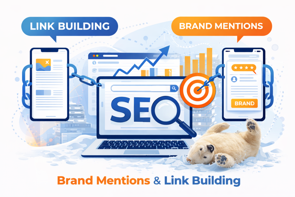 Két okostelefon és egy laptop, amelyek a linképítést és márkaemlítéseket ábrázolják, SEO grafikával.