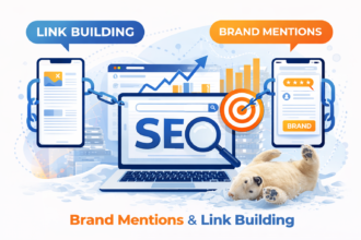 Két okostelefon és egy laptop, amelyek a linképítést és márkaemlítéseket ábrázolják, SEO grafikával.