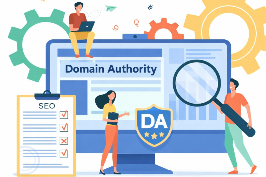 Egy számítógép képernyőjén a Domain Authority felirat látható, mellette SEO ellenőrző lista és grafikonok.