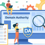 Egy számítógép képernyőjén a Domain Authority felirat látható, mellette SEO ellenőrző lista és grafikonok.