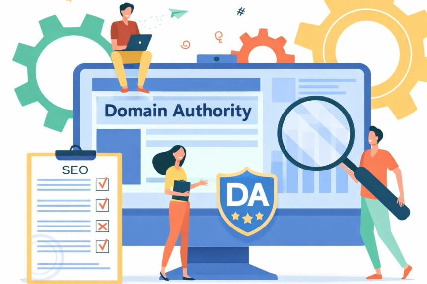 Egy számítógép képernyőjén a Domain Authority felirat látható, mellette SEO ellenőrző lista és grafikonok.