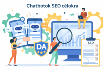 Két chatbotot ábrázoló telefon, egy grafikon és egy nő, aki SEO-tanulmányokat végez.