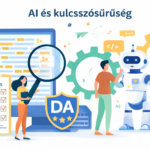 Egy nő és egy férfi interakciója egy robot mellett, miközben kulcsszósűrűséget és SEO-t optimalizálnak.