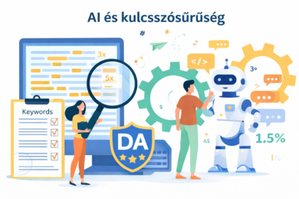 Egy nő és egy férfi interakciója egy robot mellett, miközben kulcsszósűrűséget és SEO-t optimalizálnak.