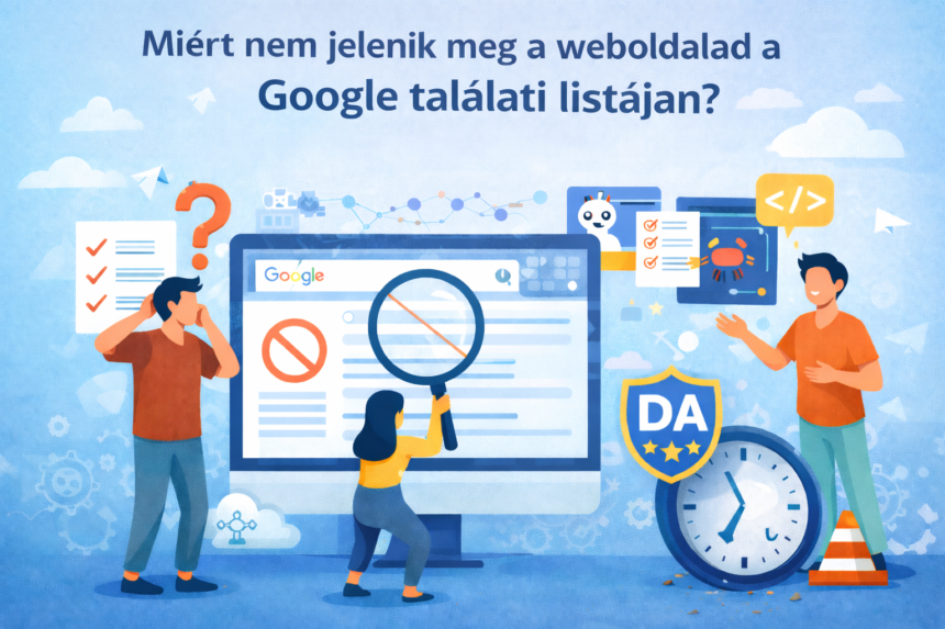 Két ember egy számítógép előtt áll, az egyik keresőoptimalizálási problémákat vizsgál, míg a másik tanácsokat ad.