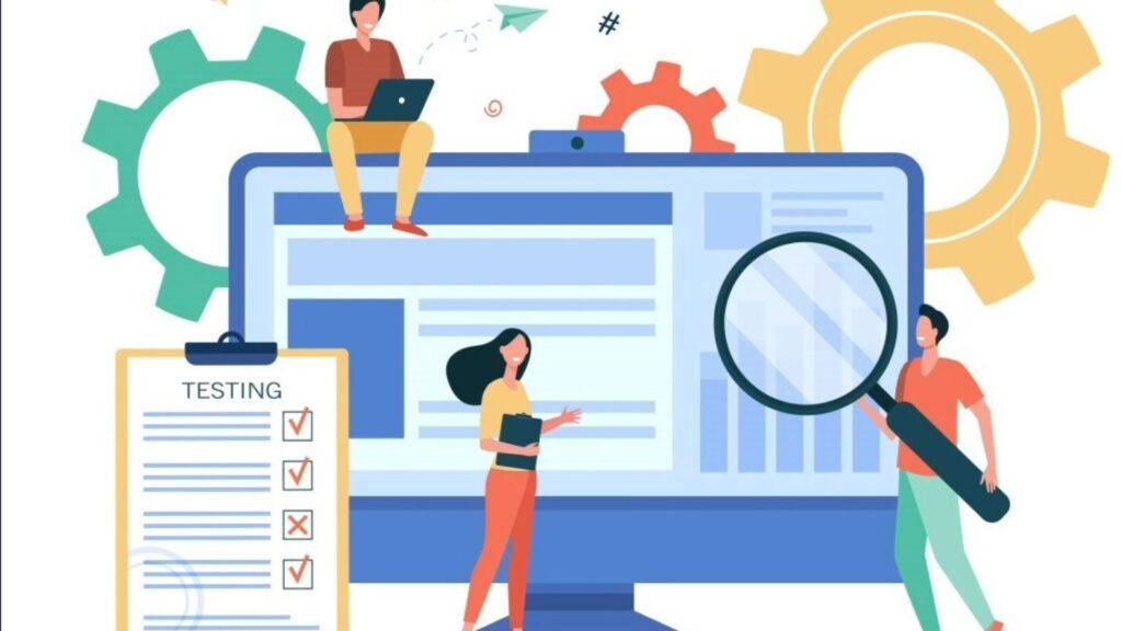 Két ember egy számítógép előtt dolgozik, miközben egy harmadik személy a képernyőt figyeli, keresőoptimalizálásra utaló elemekkel.