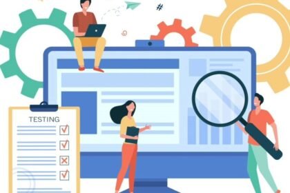 Két ember egy számítógép előtt dolgozik, miközben egy harmadik személy a képernyőt figyeli, keresőoptimalizálásra utaló elemekkel.