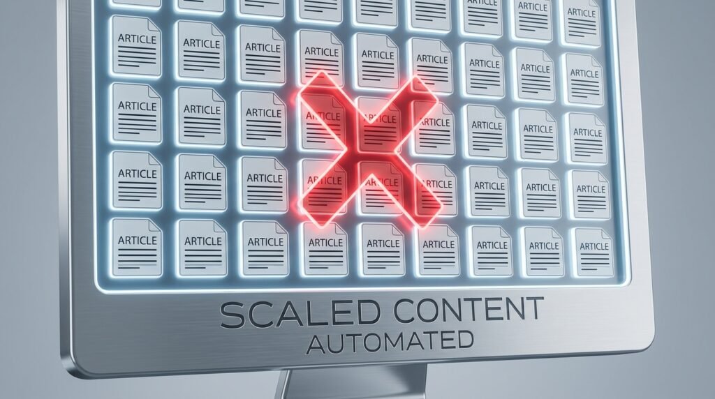 Automatizált, skálázott tartalom megjelenítése pirossal áthúzva.