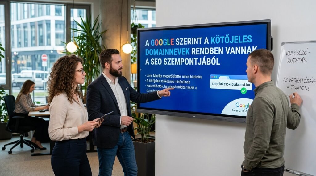 Csoport résztvevői beszélgetnek SEO és domainnevek témájában.