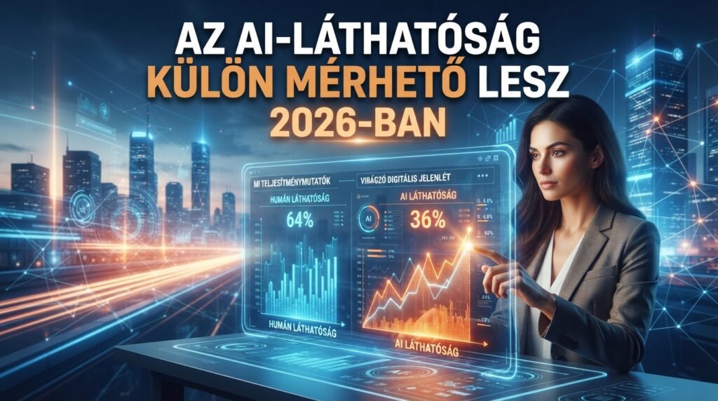 Miért csökken a Google-kattintások száma, miközben a helyezésed alig változik? 73 Az AI-láthatóság külön mérhető lesz 2026-ban. Kijelzőn 64% humán és 36% AI-láthatóság adatai láthatók grafikonokkal