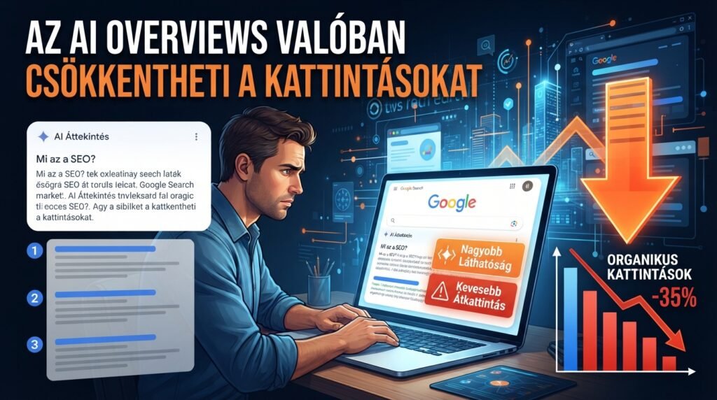 Miért csökken a Google-kattintások száma, miközben a helyezésed alig változik? 72 Az AI Overviews valóban csökkentheti a kattintásokat: grafikon az organikus kattintások 35%-os visszaeséséről